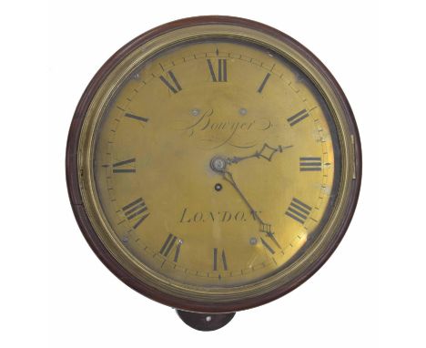 Early mahogany single fusee verge wall dial clock, the 12" brass dial signed Bowyer, London, within a turned surround (pendul