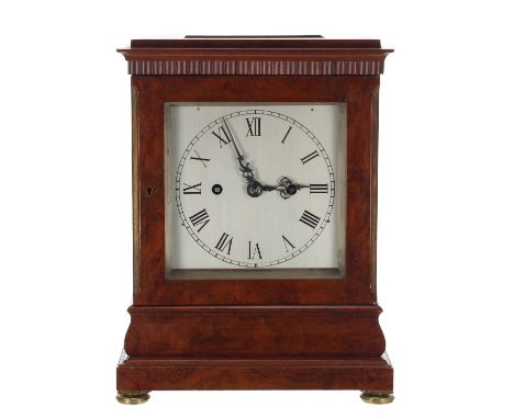 Good English burr walnut double fusee library clock, the movement back plate signed Barrauds, Cornhill, London, with locking 