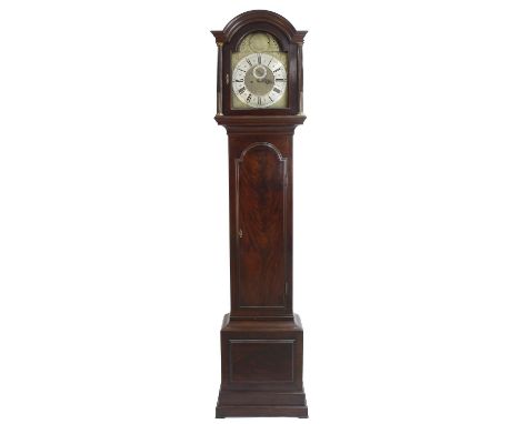 Mahogany eight day longcase clock, the 12" brass arched dial with silver chapter ring enclosing a matted centre with subsidia