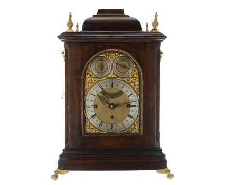Good small English fruitwood triple fusee bracket clock, the 4.75" brass arched dial signed Webster, Cornhill, London on an a