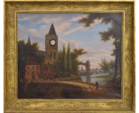 Good French picture clock, the 1.25" dial inset into a church tower overlooking an estuary and bridge with figures and animal