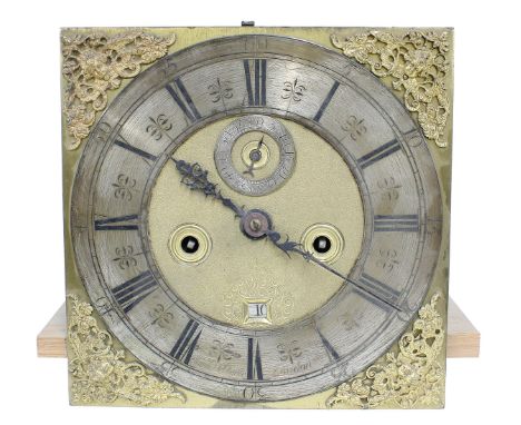 Good five pillar longcase clock movement, the 11" square brass dial signed Simon D. Charms, London on the silvered chapter ri