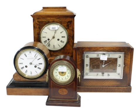 German walnut two train mantel clock striking on a gong, the 6" white dial within a stepped case surmounted by a caddy top, 1