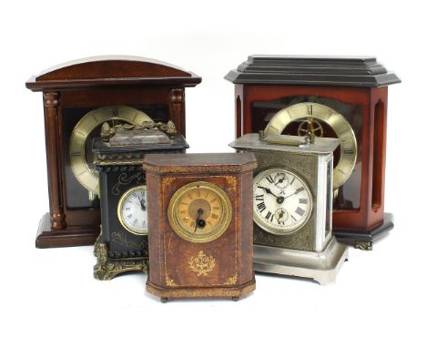 Black slate and gilt metal mounted carriage clock timepiece, 8" high; also two similar contemporary Chinese mantel timepieces