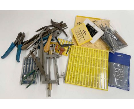 Small quantity of clock tools&nbsp;including; a mainspring winder, files and pliers etc 