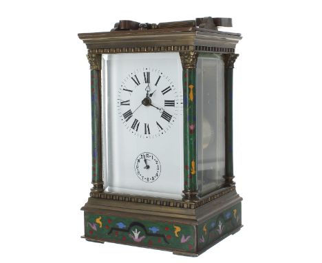 Contemporary repeater carriage clock with alarm and striking on a bell, the principal dial with centre seconds over an alarm 