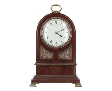 Good small mahogany mantel clock timepiece with platform escapement, the 3.5" cream dial within a rounded arched case with pi