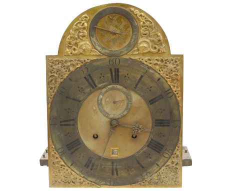 Good month going longcase clock movement, the 12" brass arch dial signed George Burgis, London on the brass chapter ring encl