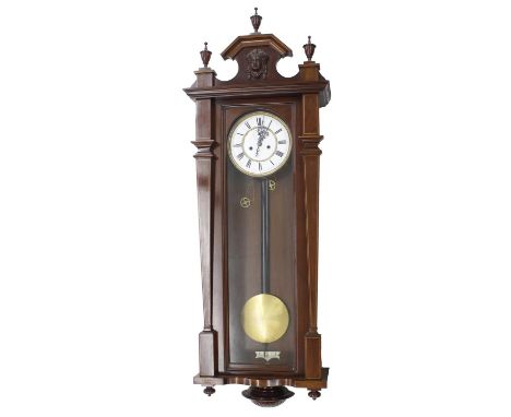 Good mahogany double weight Vienna regulator wall clock, the 6.25" white dial with subsidiary second style, within a glazed a