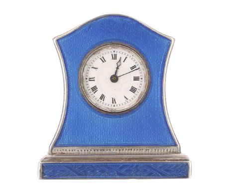 French miniature silver and blue enamel clock timepiece,&nbsp;the bottom hinged back door opening to reveal the movement, sta