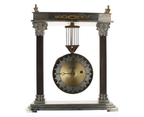 Novelty swinging single fusee mantel clock, the 5.25" dial plate with applied silvered chapter ring enclosing a matted centre