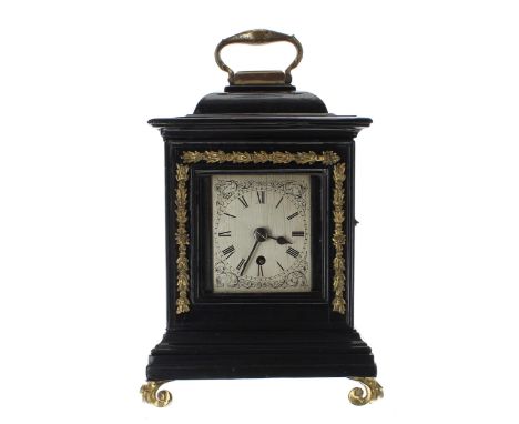 Ebonised single fusee bracket clock, the silvered dial within a stepped case with gilt metal foliate mounts, surmounted by a 