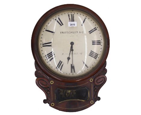 Good mahogany single fusee 12" convex drop dial wall clock, signed Tritscler &amp; Co.., Manchester Square, within a turned s