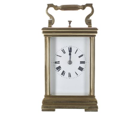 Small French repeater carriage clock striking on a gong, within a stepped case, 6.25" high (key); also with a Morocco leather