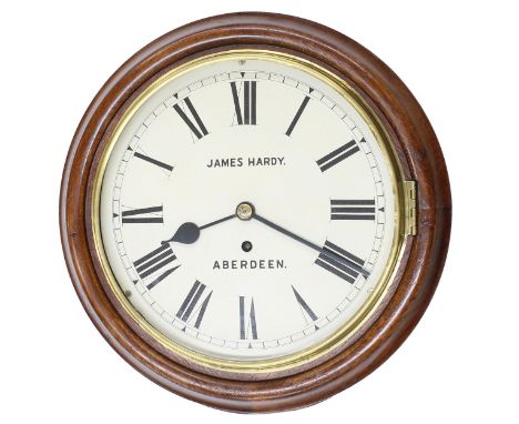 Good Scottish oak single fusee 10" wall dial clock signed James Hardy, Aberdeen, within a turned surround (pendulum) 
