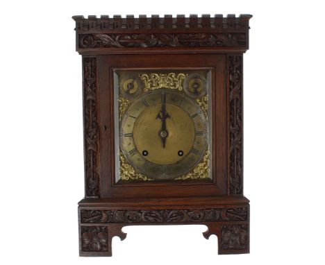 German Arts &amp; Crafts style oak ting tang mantel clock, the W &amp; H movement striking on two gongs, the 5.75" chapter ri