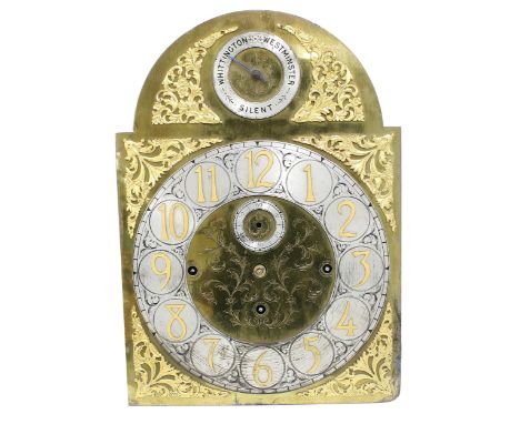 Three train longcase clock movement circa 1900, the 13" brass arch dial with silver chapter ring with raised gilt Arabic nume