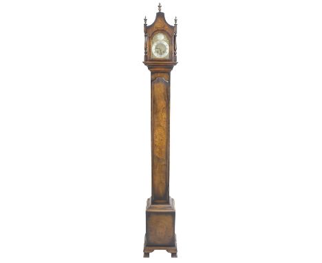 Attractive walnut and inlaid eight&nbsp;day grandmother clock striking on a bell,&nbsp;the 4.75" brass arch dial inscribed to