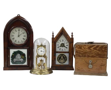 American mahogany eight day shelf clock by Chauncey Jerome, within a lancet case, 19" high (pendulum and key) and another Ame