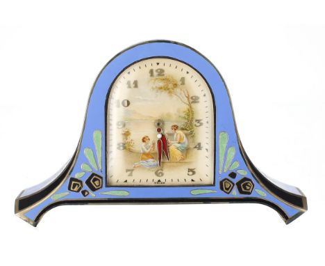 Good miniature Continental silver and enamelled mantel clock timepiece, the base inset with a plaque inscribed Goldsmiths &am