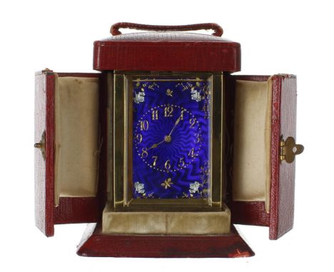 Fine miniature French carriage clock timepiece with cobalt blue guilloche&nbsp;enamel panels, the back plate stamped French M