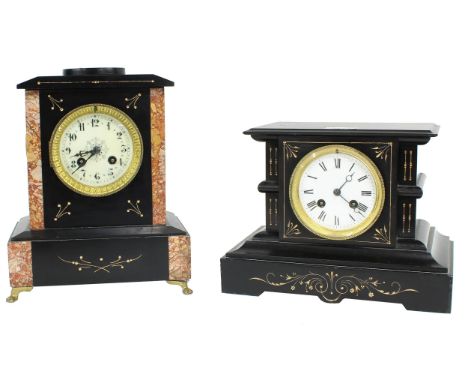 French Black slate and orange marble two train mantel clock striking on a bell, within a stepped case, 10.5" high; also anoth