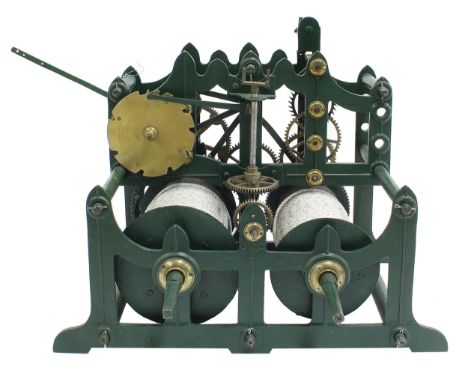 Interesting two train turret clock, the movement within a dark green painted cast iron chair frame with deadbeat type escapem