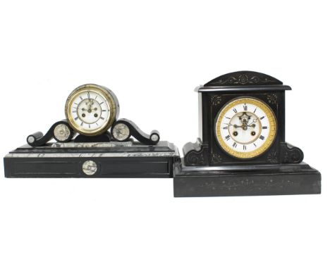 French black slate two train drumhead mantel clock striking on a bell, the 4.5" white chapter ring enclosing a visible recess