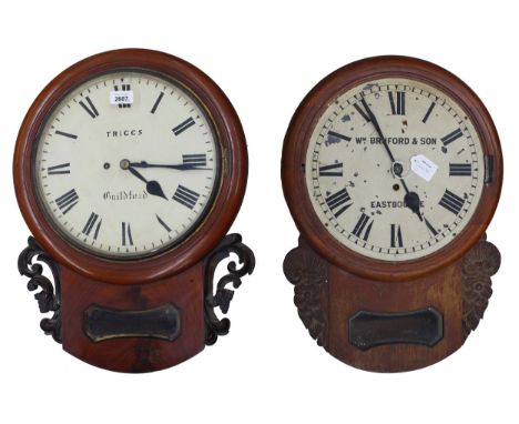 Mahogany double fusee 12" drop dial wall clock, signed Triggs, Guildford within a turned surround; also another mahogany sing