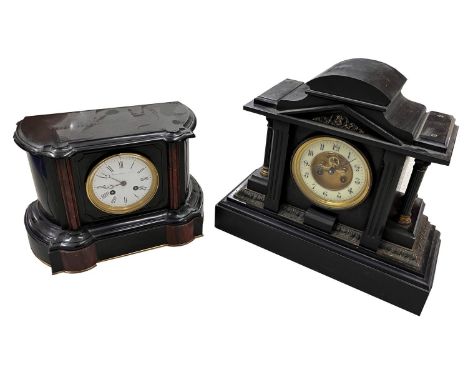 French black slate two train mantel clock striking on a gong, the 4.25" cream chapter ring enclosing a recessed visible escap