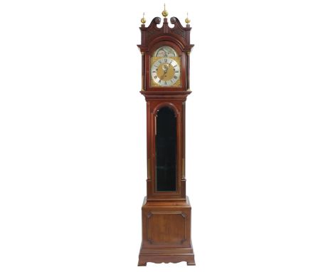 Good mahogany three train musical longcase clock, the 10.25" brass arched dial signed A &amp; H. Rowley, London on the silver