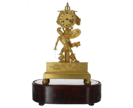 Fine French Empire ormolu figural two train musical mantel clock, the movement with outside countwheel striking with two hamm