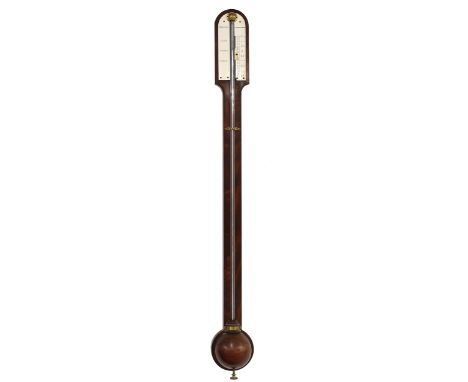 Mahogany stick barometer, the ivory scale signed Thomas Jones, 62 Charing Cross, over a flat trunk to the hemispherical ciste