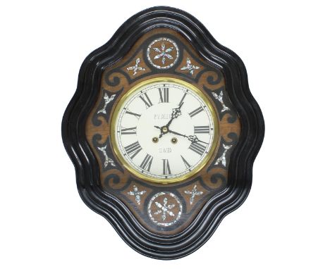 French mahogany and&nbsp; ebonised vineyard&nbsp;wall clock, the 9" cream dial signed P.V. Delecor, Le Gard, within a flat su