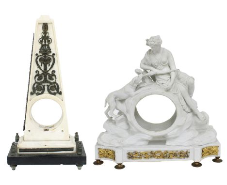 Early English porcelain and ormolu mounted clock case, the aperture surmounted by a seated lady with bow and arrow attended b