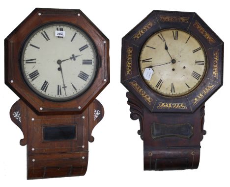 Mahogany single fusee 12" drop dial wall clock within an octagonal surround; also another rosewood single fusee 12" drop dial