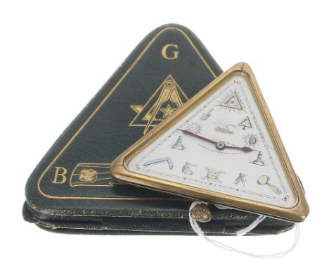 Interesting Masonic travelling clock, the triangular white dial inscribed Atle Ton Semblable, Tends Lui Une Nain Secourable, 