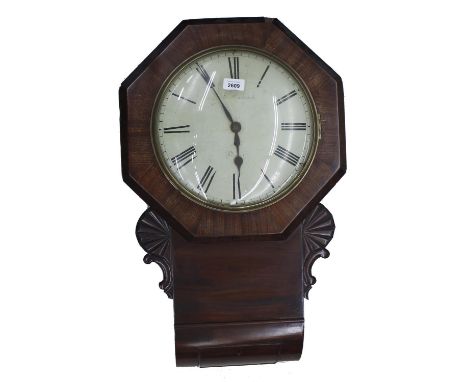 Mahogany single fusee 12" convex drop dial wall clock, signed Hancock, Yeovil within an octagonal surround and over fan carve