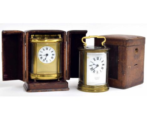 Oval carriage clock timepiece, the movement back plate bearing the Duverdrey &amp; Bloquel trademark logo, the 1.75" white di