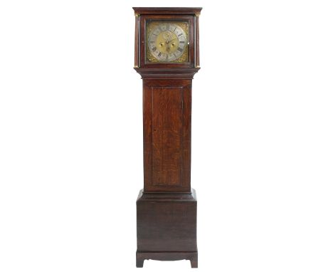 Oak eight day longcase clock, the 12" square brass dial signed Bar Dammant, Colcestrie fecit on the silvered chapter ring enc