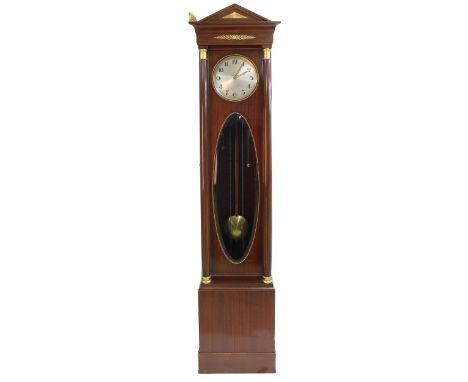 Contemporary mahogany three train Biedermeier&nbsp;style longcase clock, the 10" silvered dial within a circular beaded apert