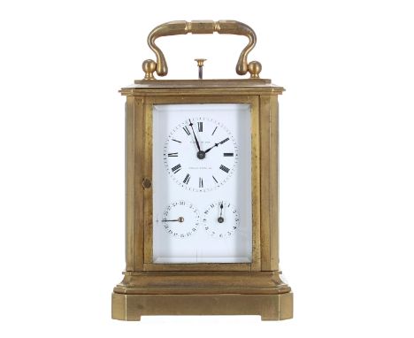 Interesting and rare French repeater calendar carriage clock, signed Charles Oudin, Palais Royal 52 to the centre of the prin