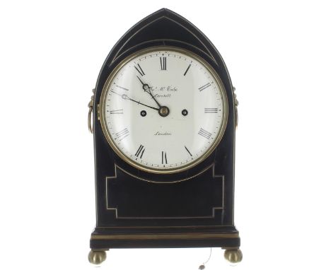 Good English ebonised double fusee lancet mantel clock, the 7" white dial signed Jas. McCabe, Cornhill, London, the movement 