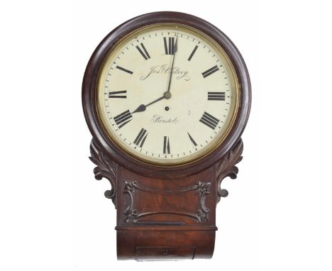 Mahogany single fusee 12" drop dial wall clock signed Josiah Vickery, Bristol,&nbsp;within a turned surround over foliate car