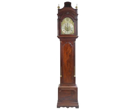 Fine English mahogany triple weight eight day musical longcase clock, the 12" brass arch dial signed John Ewers, London on th