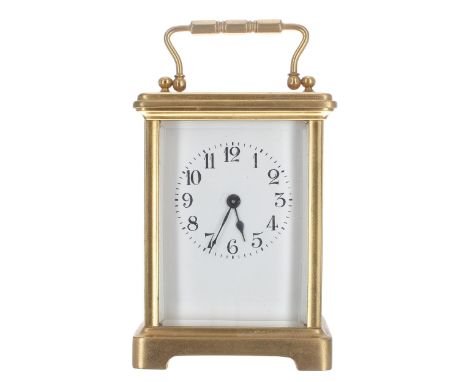 French carriage clock timepiece, within a corniche gilded brass case, 6" high (key); also within an outer brown Morocco leath