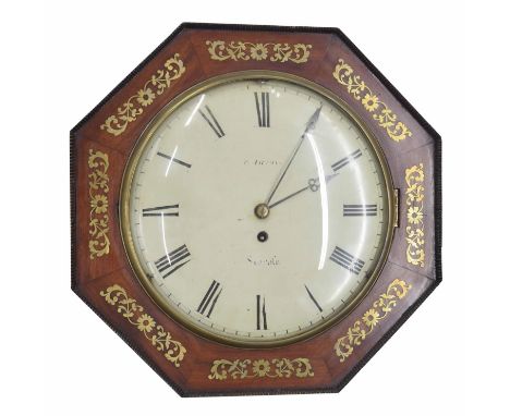 Mahogany single fusee 12" convex wall dial clock signed W. Thomas, Lincoln, within an octagonal flat beaded surround with bra