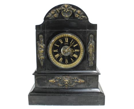 French black slate and gilt metal mounted two train mantel clock, the 3.75" black slate dial signed J.W. Benson, Ludgate Hill