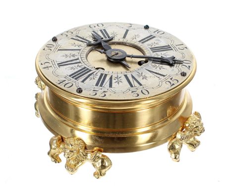 Good brass two train table clock,&nbsp;the 5.5" silvered chapter ring enclosing a matted centre, the movement with platform e