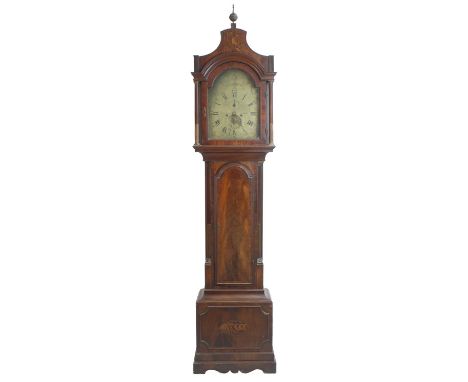 Mahogany inlaid eight day longcase clock, the 12" brass arch dial signed Martin, Dover, with subsidiary seconds and calendar 